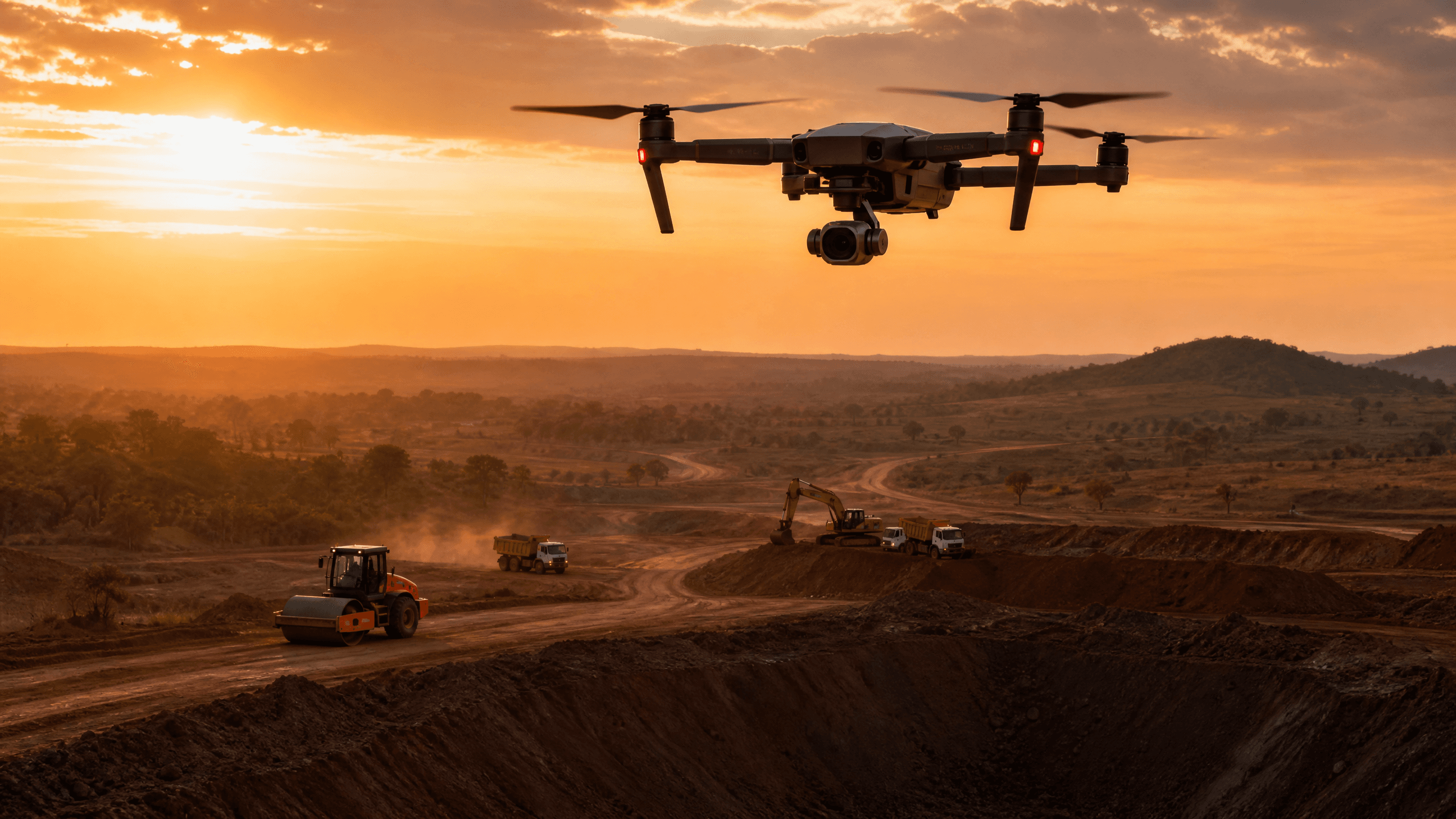 Drone de mapeamento sobrevoando obra